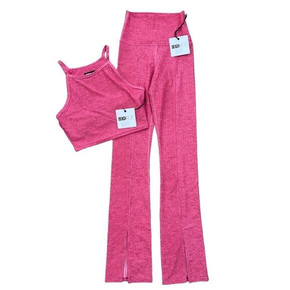 Beach Riot Pants - Beach Riot Fandango Pink Cropped Anna Tank & Alani Ribbed Flare Leggings Set XS